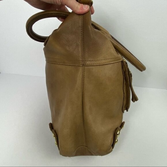 Linea Pelle Dylan Leather Tote Brown Medium Shoulder Back Pockets Tan Beige Bag - Picture 7 of 12